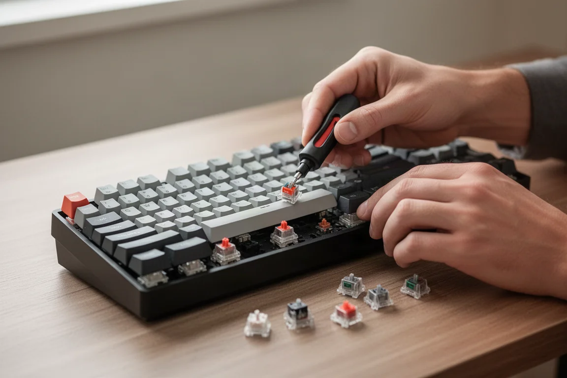 Hands removing a magnetic switch from a keyboard with a switch puller tool