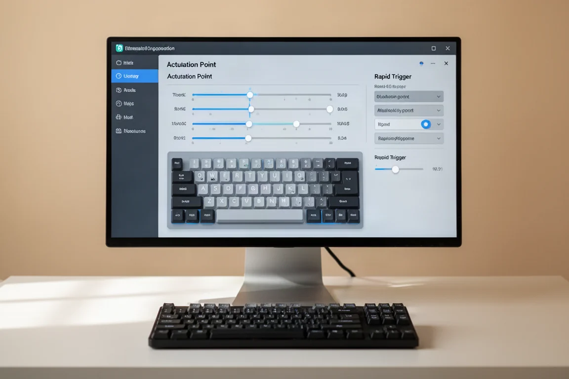 Keyboard software interface showing actuation point adjustment sliders on a computer screen