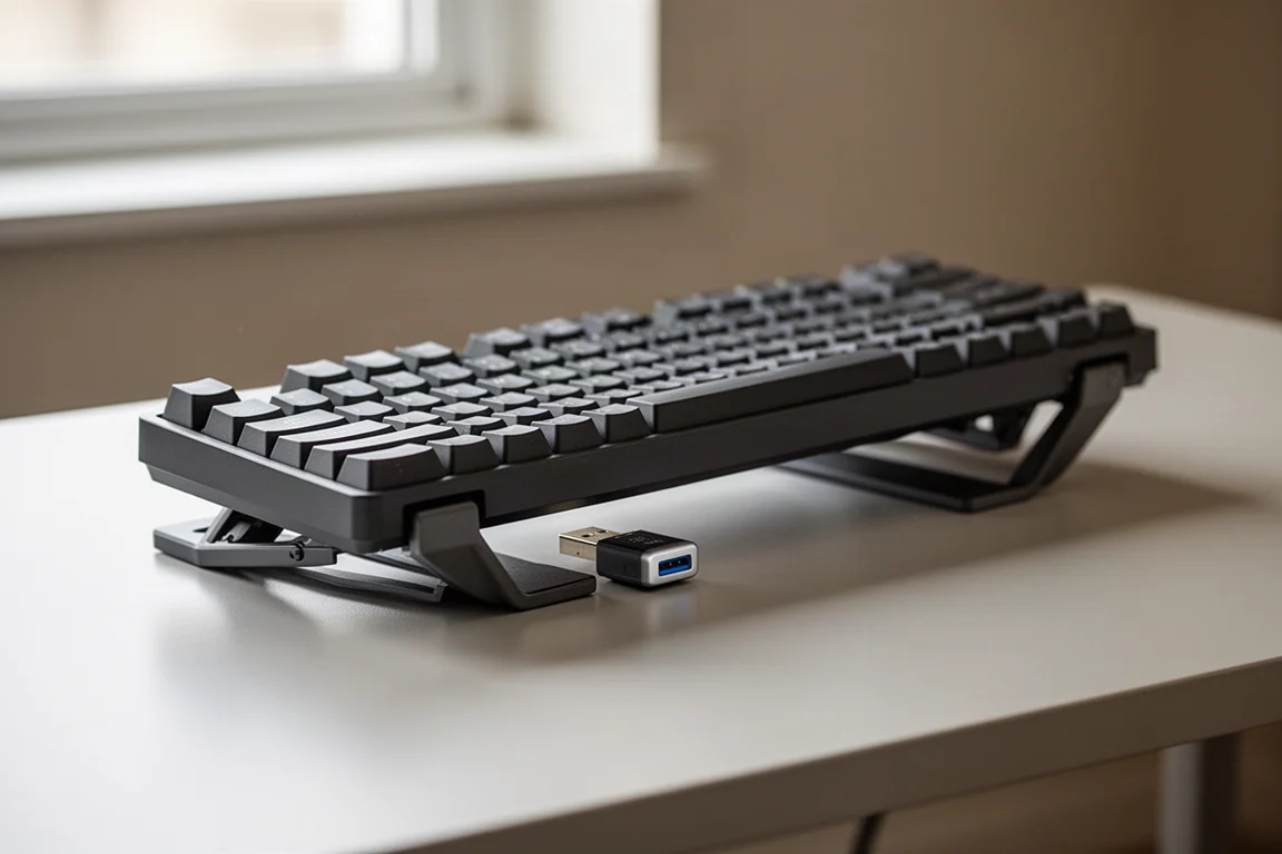 Gaming keyboard on a desk with a wireless dongle hidden under a flip-up foot