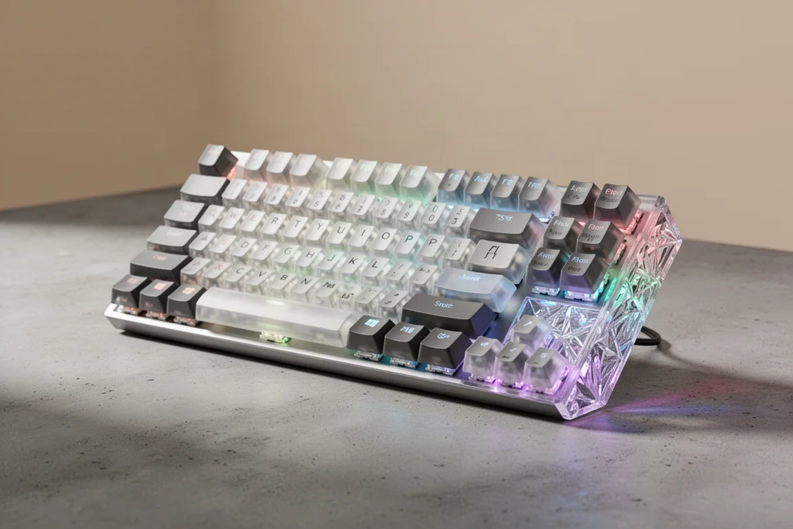 Epomaker HE75 TMR 鍵盤，半透明鍵帽與 RGB 燈光透過水晶般的背殼開窗透出
