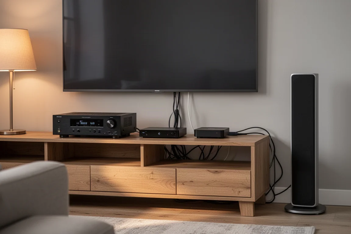 Szafka RTV z amplitunerem AV, urządzeniem streamingowym i kolumną podłogową w salonie