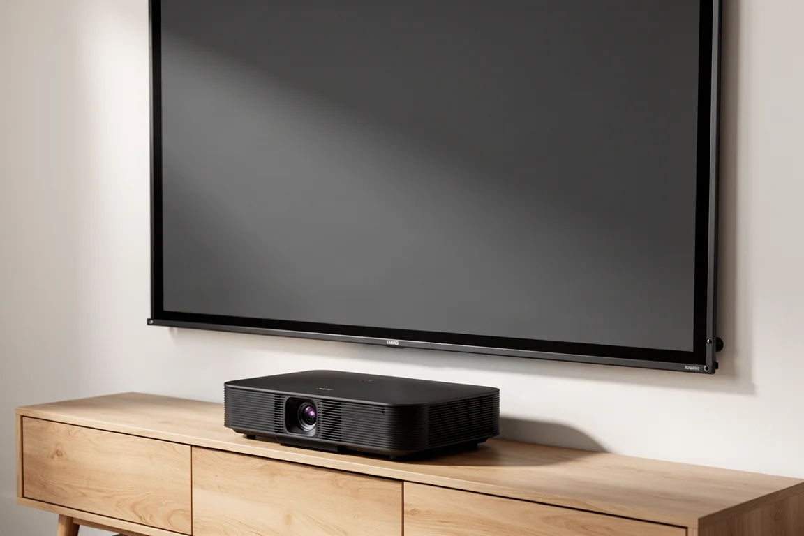 Low-profile black laser projector on a wooden console beneath a large dark grey projection screen