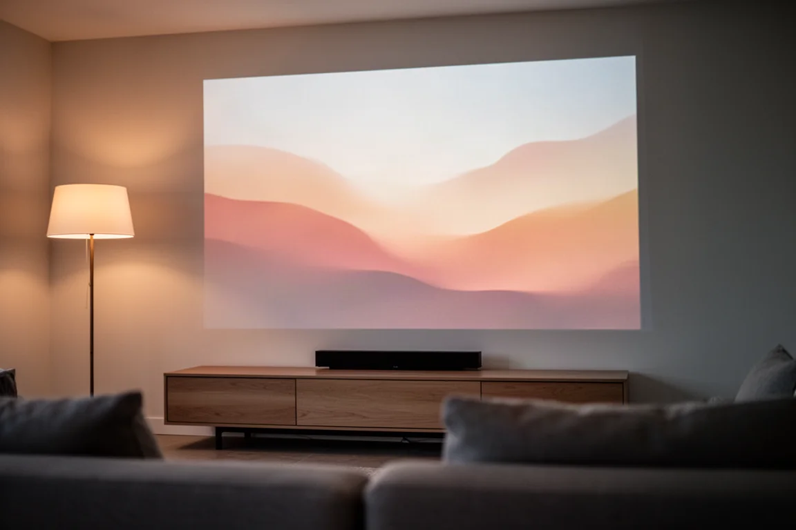 Living room at dusk with a very large projected image on the wall