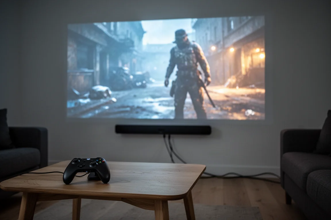 Dim living room with a projected image and a game controller on a coffee table