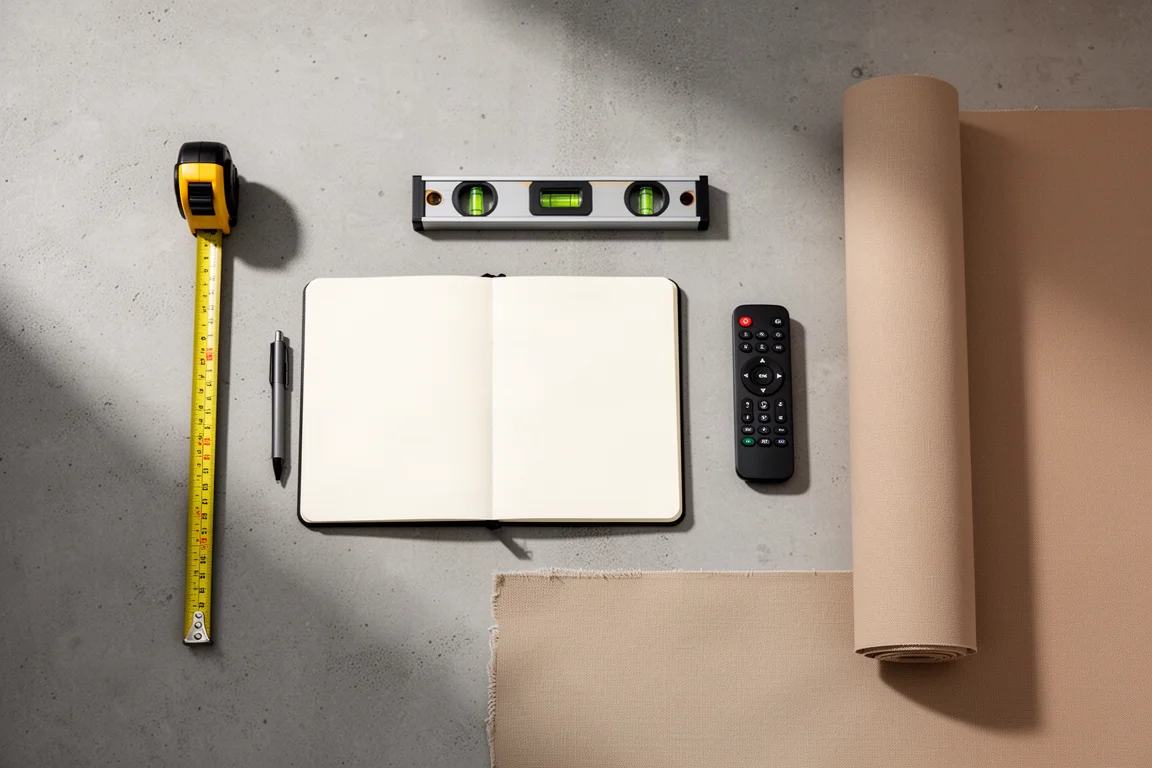 Overhead flat-lay of measuring tape, spirit level, notebook, and screen fabric sample