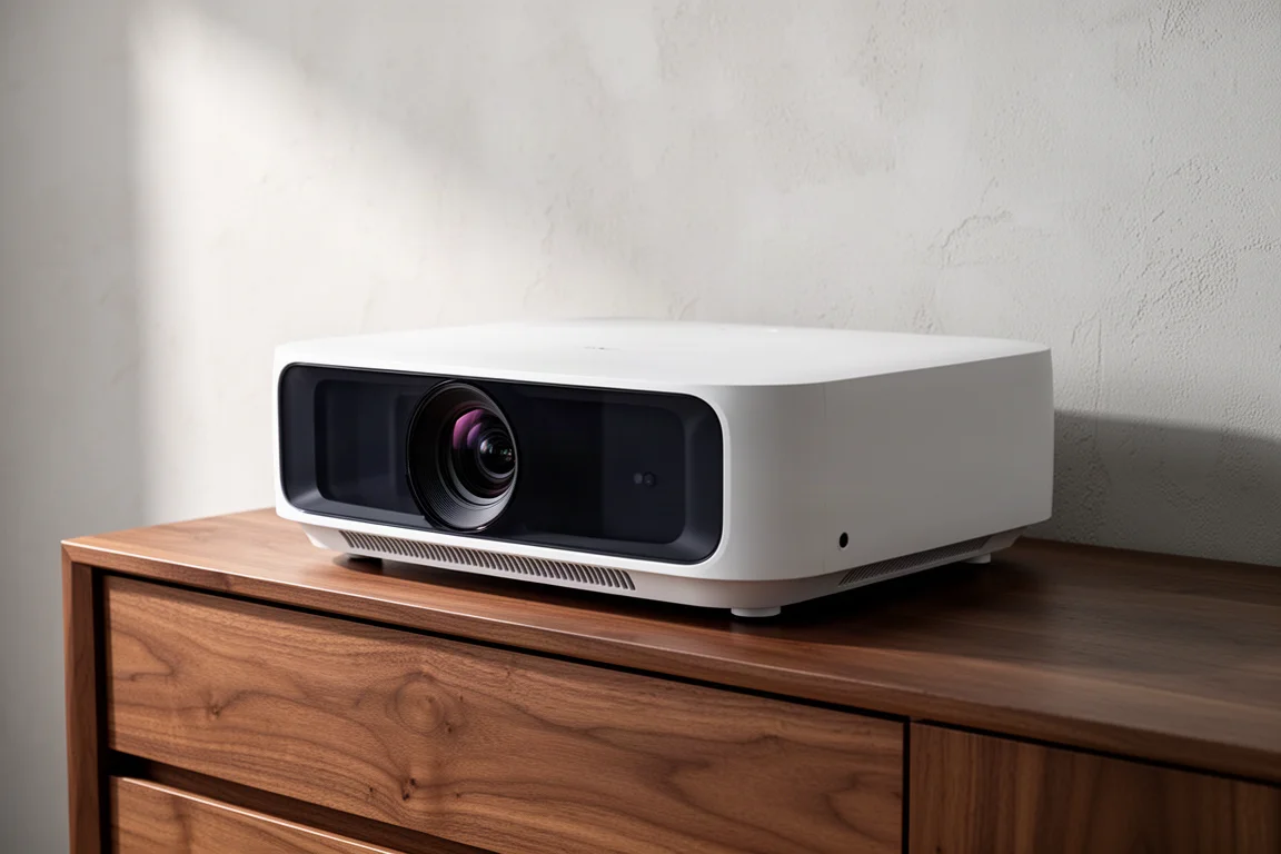 Wide ultra short throw projector in matte white on a walnut media cabinet
