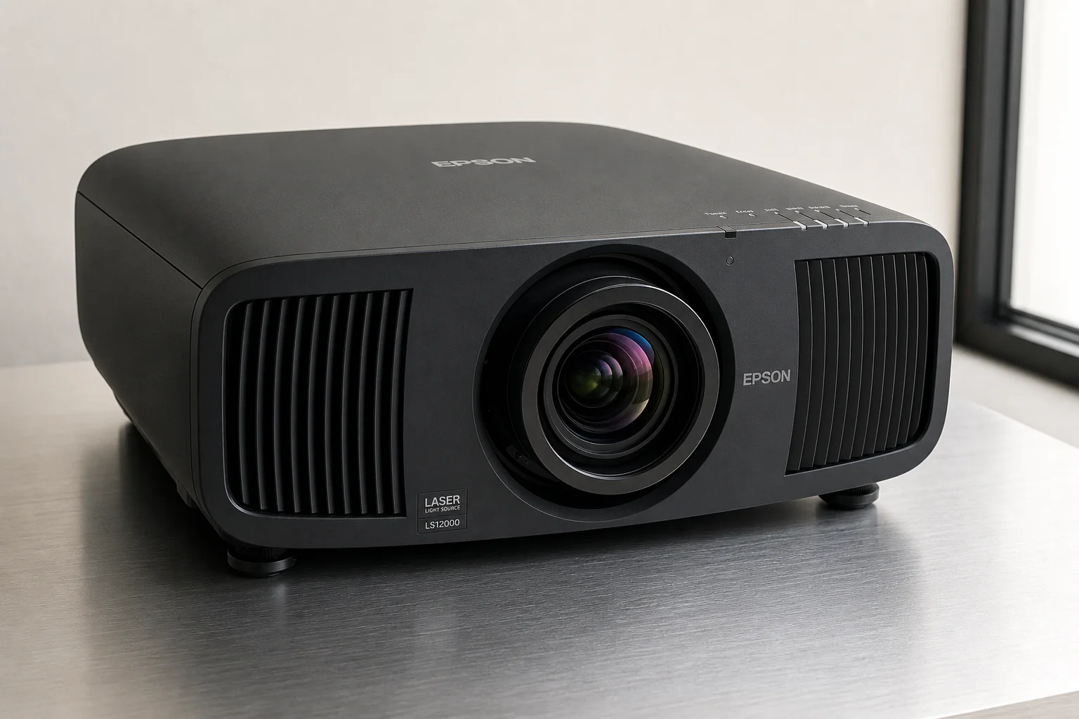 Cinque proiettori per home theater disposti per dimensione su una superficie in cemento