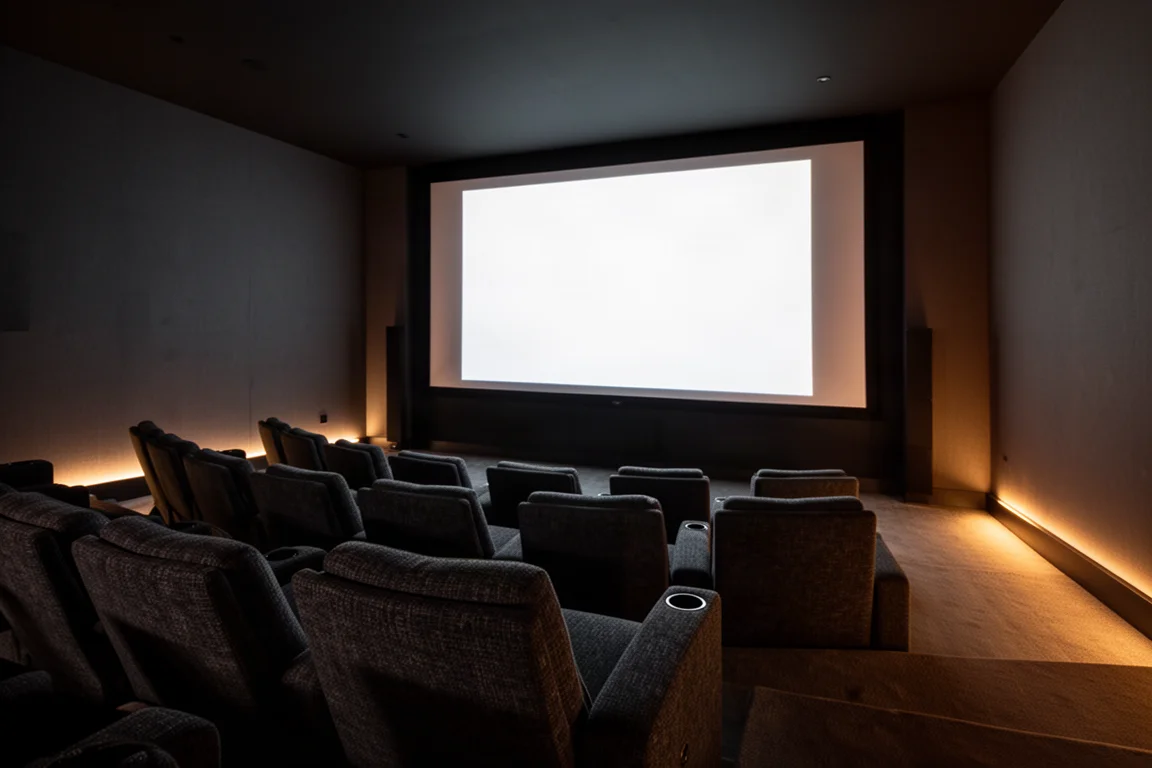 Salle de home cinéma sombre avec un grand écran de projection éclairé et des rangées de sièges