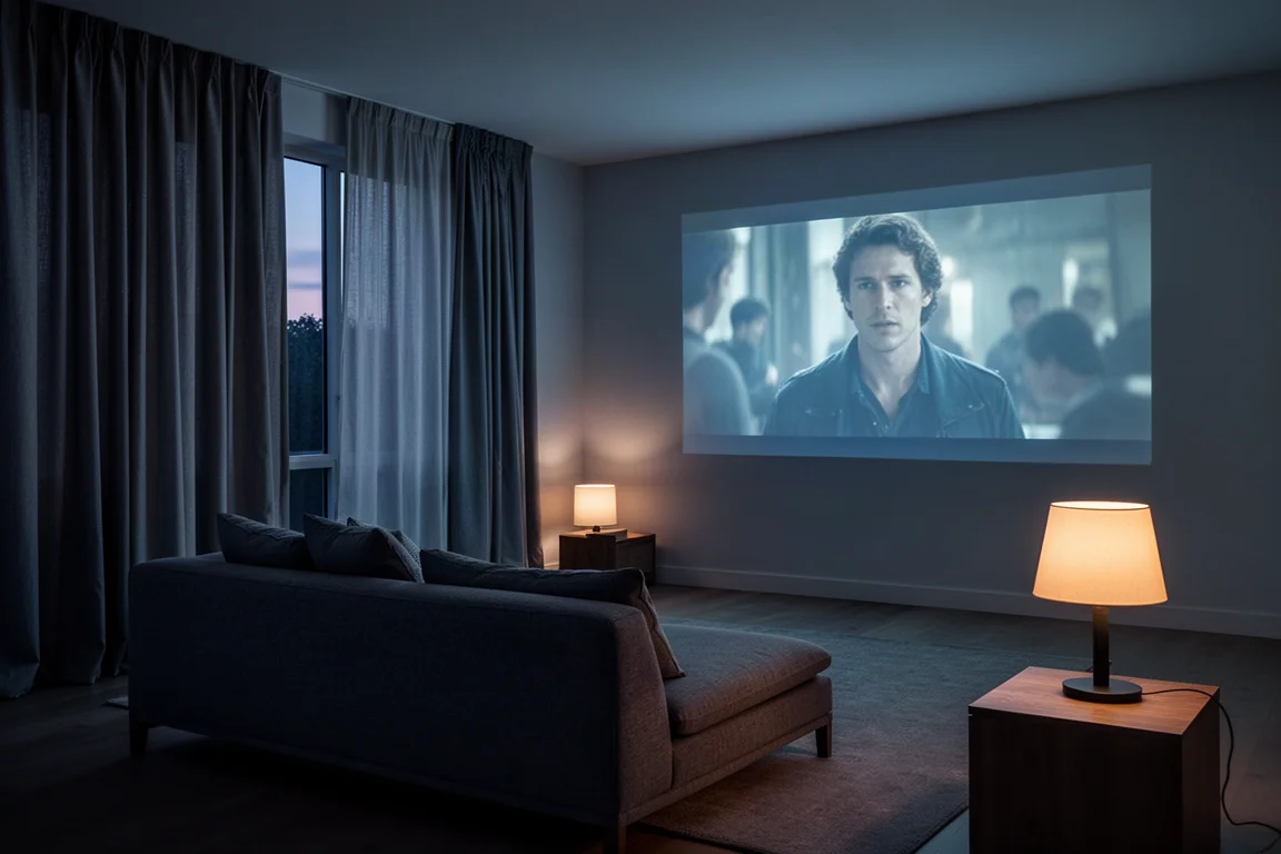 Salon au crépuscule avec un grand écran de projection diffusant un film et les rideaux tirés