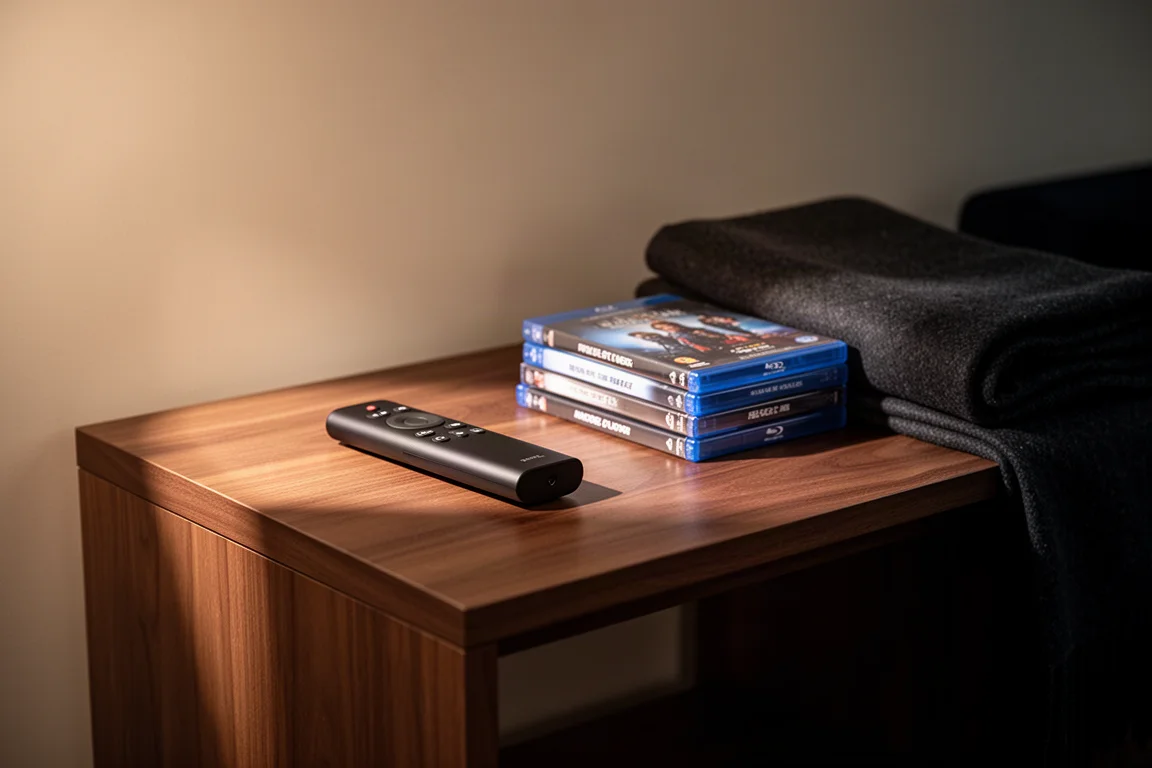 Table d'appoint avec une télécommande de projecteur et une pile de boîtiers Blu-ray dans une lumière douce