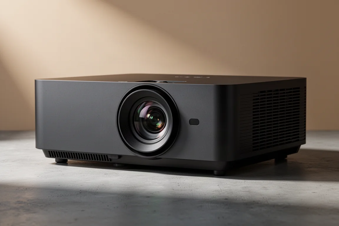 Large matte black home theater projector with centered lens on a concrete surface