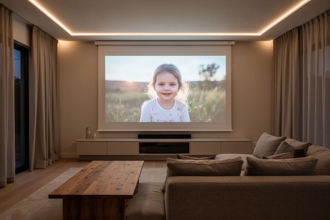 Wohnzimmer in der Dämmerung mit einem sehr großen projizierten Bild, das auf eine Rollleinwand über einem niedrigen Schrank leuchtet
