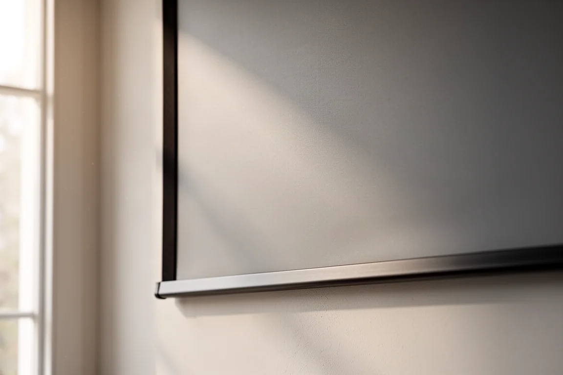 Nahaufnahme von weichem Fensterlicht, das auf eine matte graue Projektionsfläche fällt