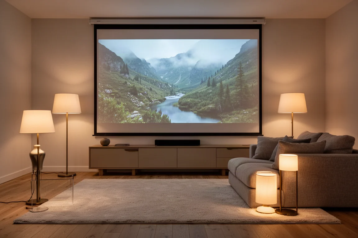 Wohnzimmer mit einem breiten projizierten Bild auf der Leinwand und mehreren eingeschalteten Lampen um die Sitzgruppe