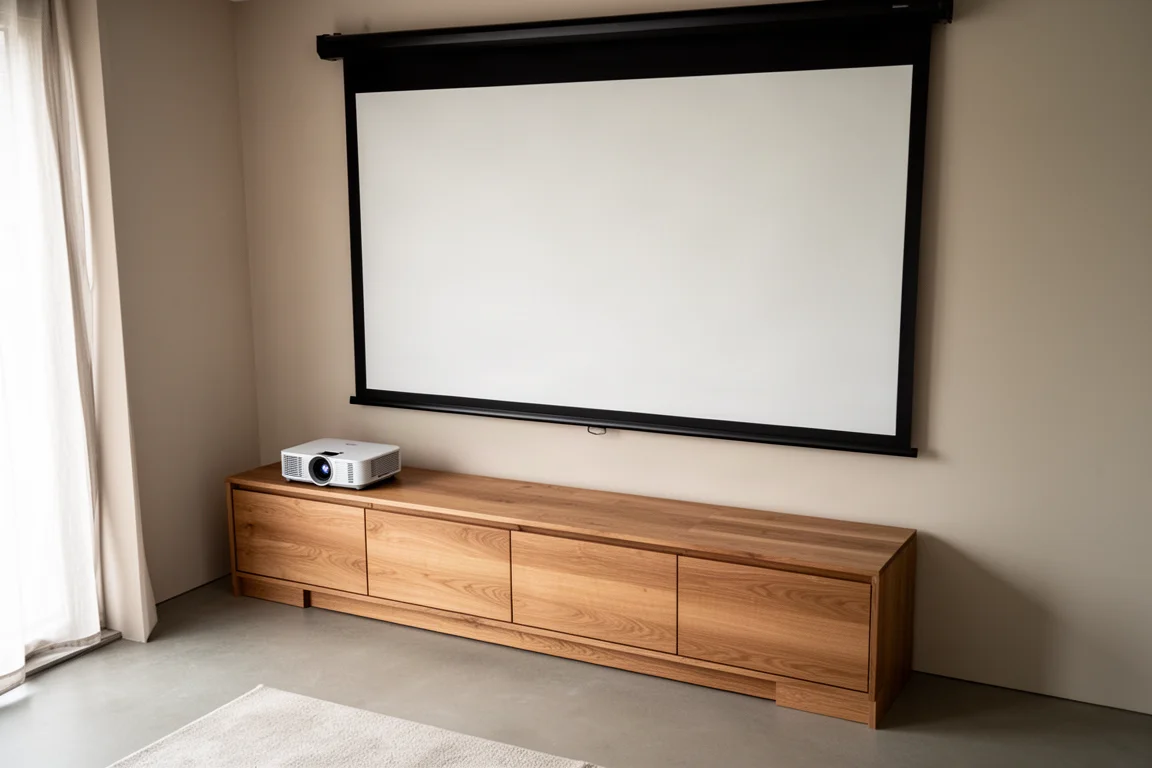 Niedriger Media-Schrank flach an einer Wand unter einer großen Projektionsleinwand bei Tageslicht