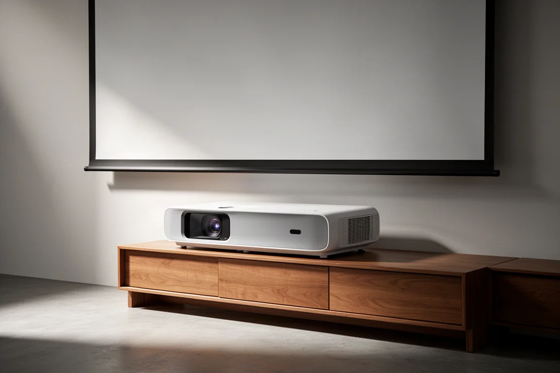Ultra short throw projector on a wooden cabinet beneath a large roll-down projection screen