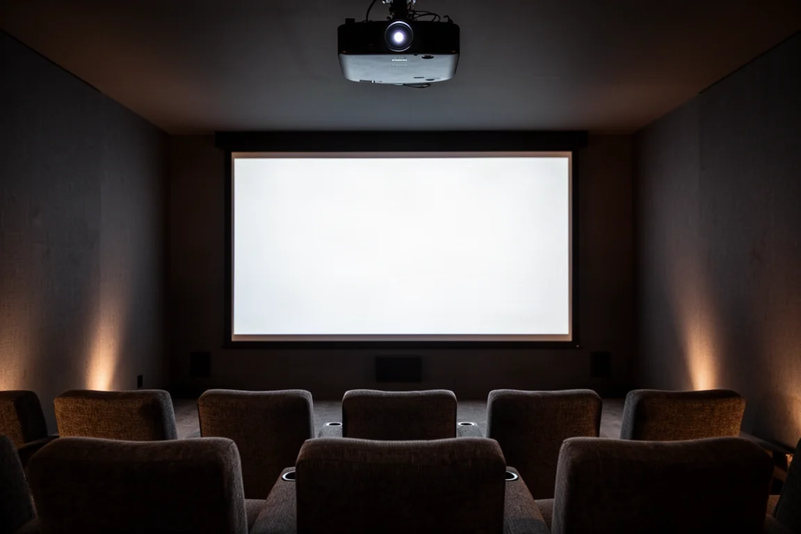 Sala de home theater escurecida com uma grande tela de projeção iluminada e assentos vazios