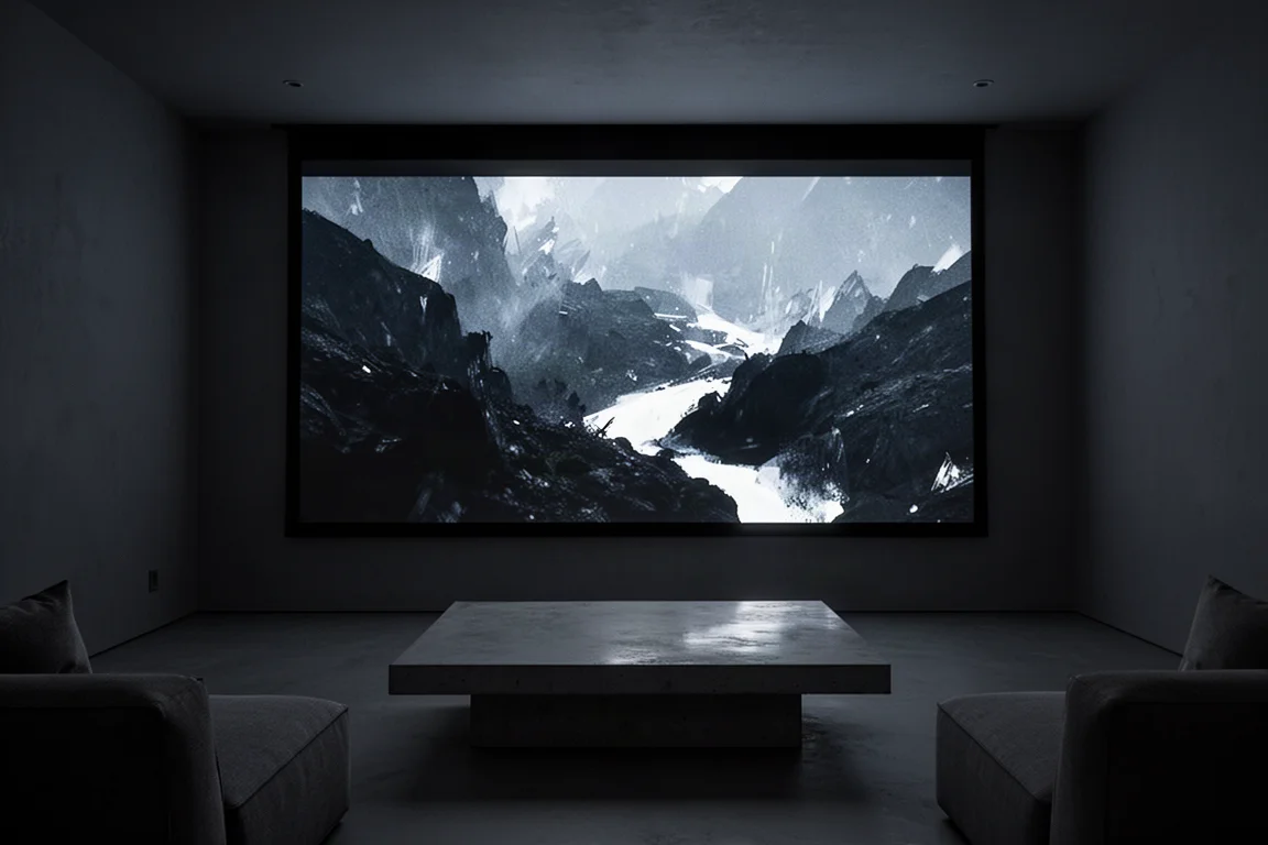 Tela de projeção widescreen em uma sala escura exibindo uma cena de alto contraste