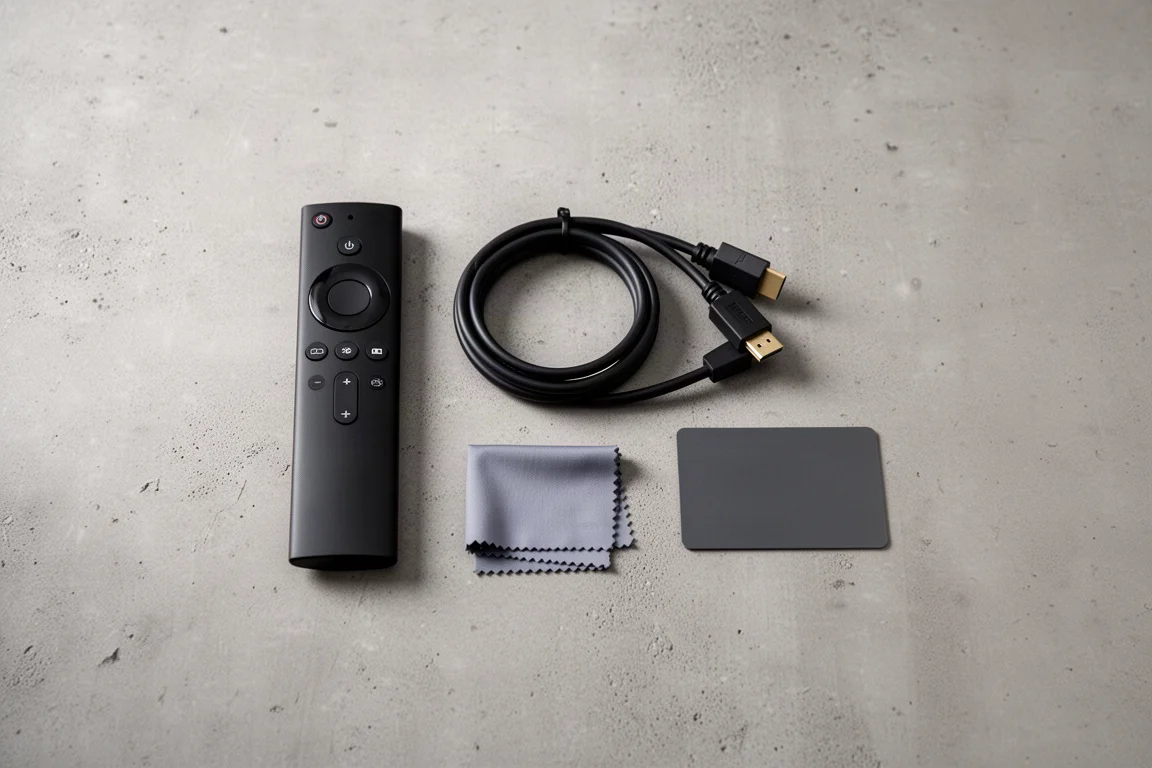 Vista superior de controle remoto de projetor, cabo HDMI e pano para lente sobre concreto