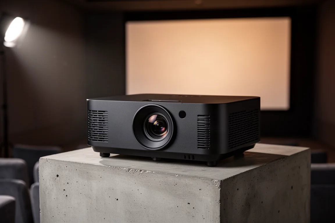 Matte black 4K laser home theater projector on a plinth in a dim cinema room