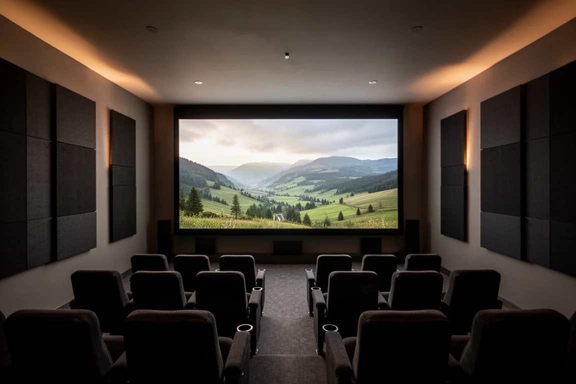 Darkened home theater room with a large projection screen showing a landscape scene