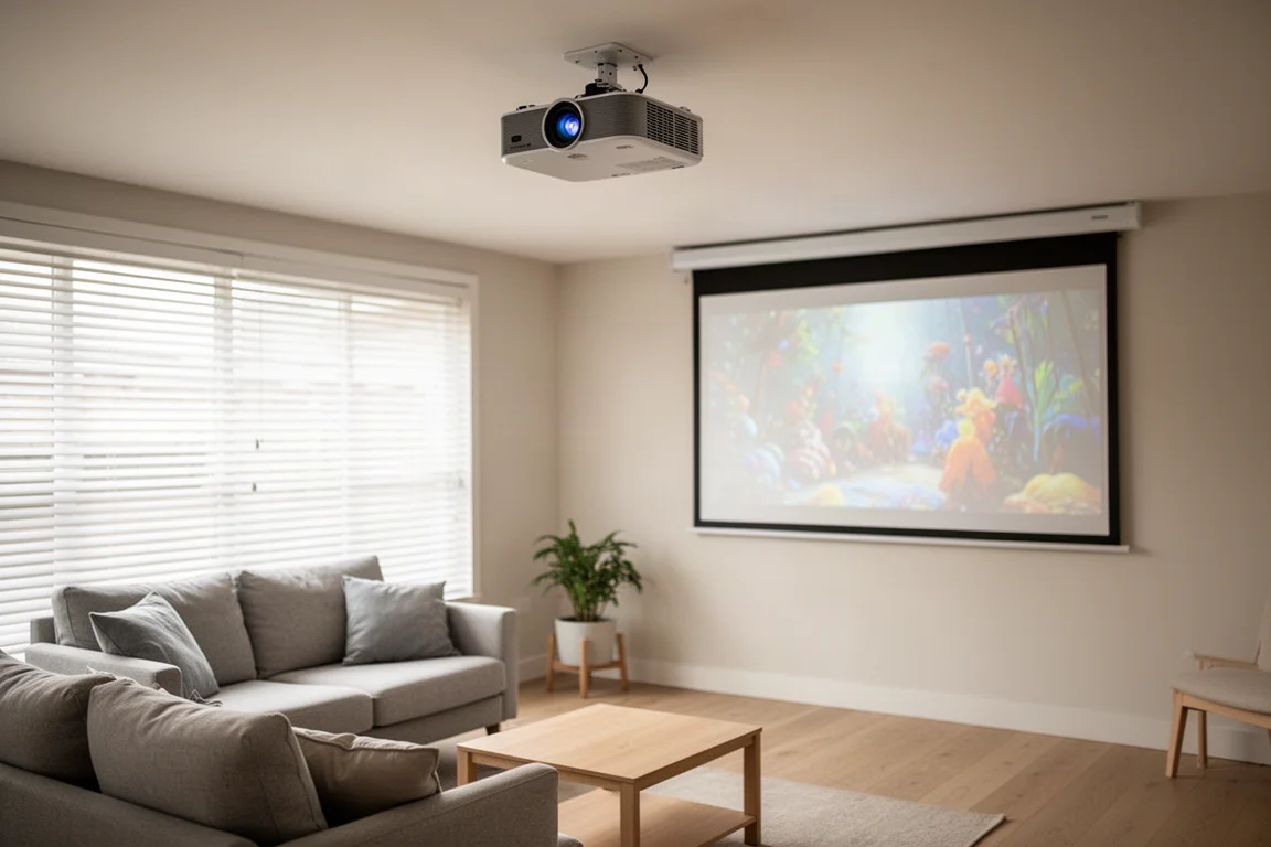 Projector mounted near the ceiling of a bright living room with a drop-down screen