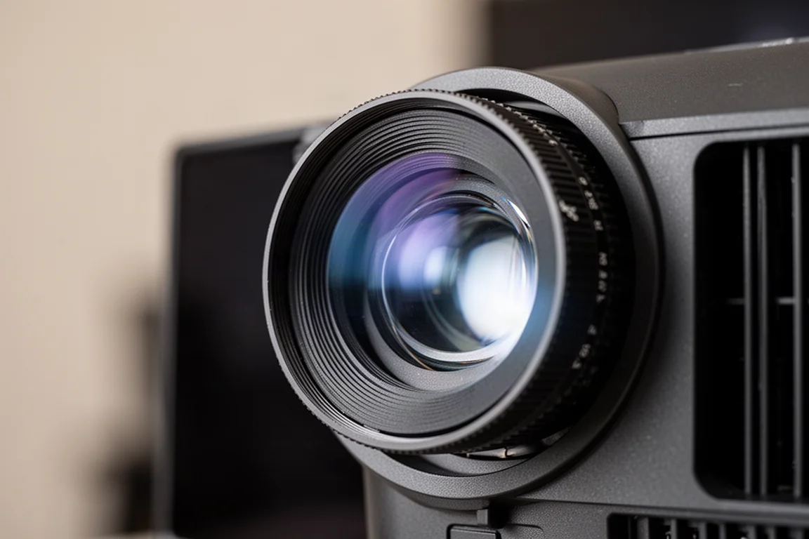 Close-up of a projector lens with light passing through the glass element