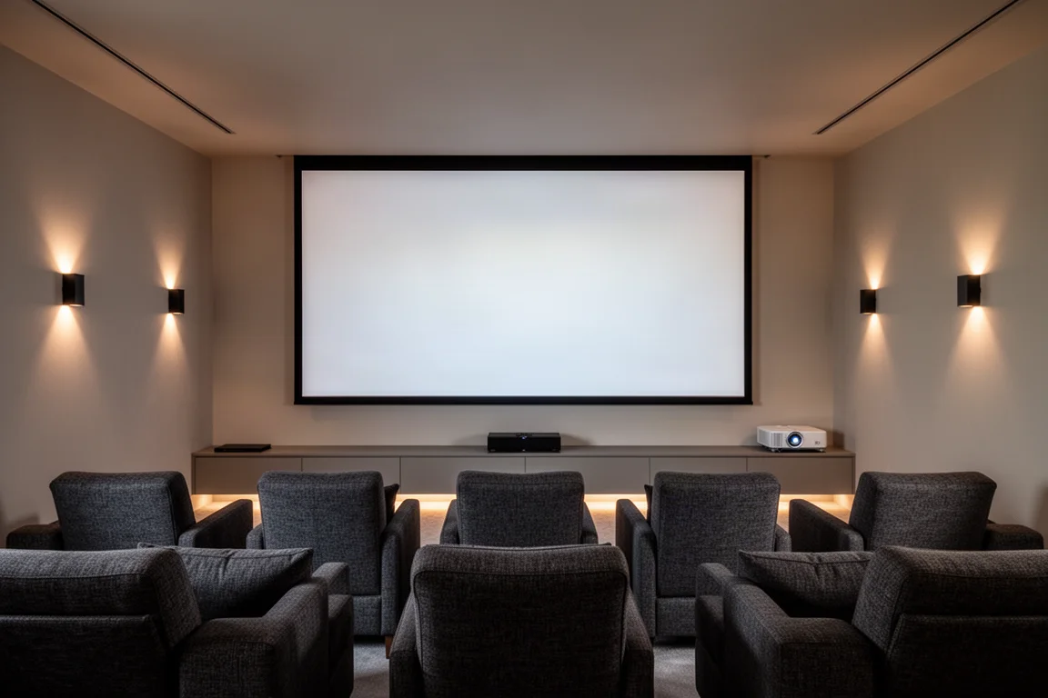 Wide view of a media room with a very large screen and low ambient lighting