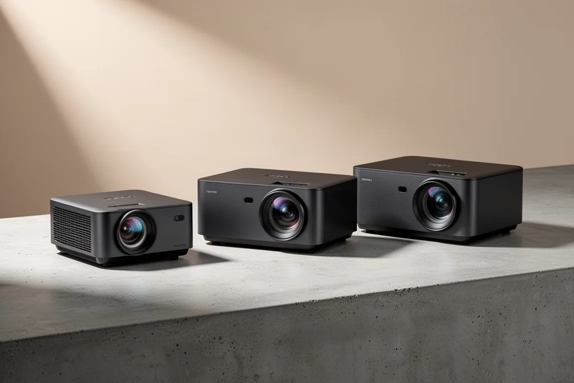 Three compact black laser home theater projectors arranged in a row on concrete