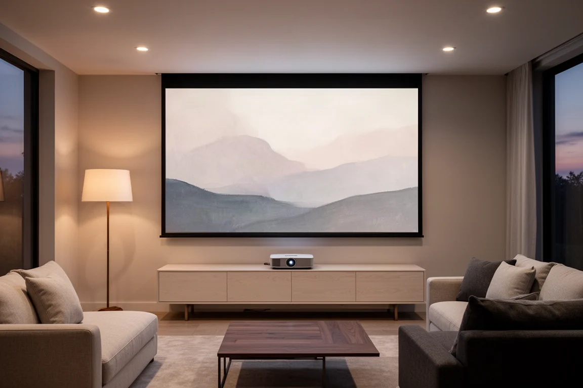 Living room at dusk with a 120-inch projection screen and a projector on a credenza