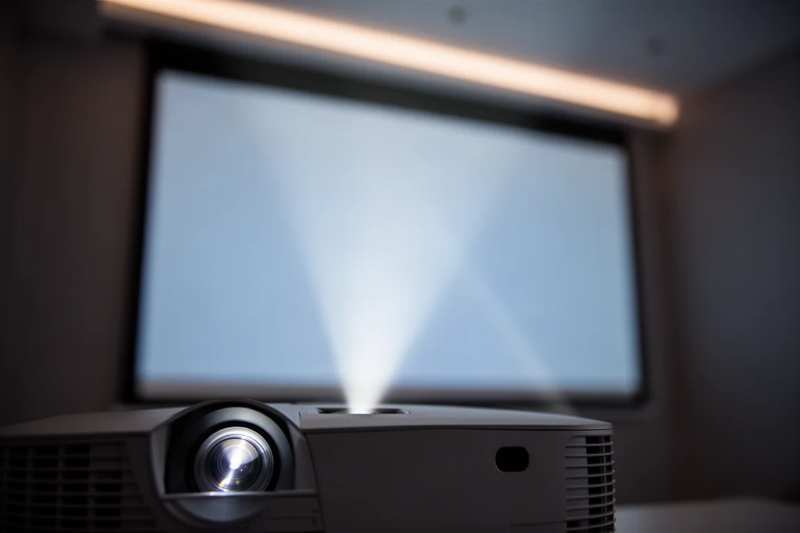 Close-up of a projector lens casting a soft beam of light toward a screen