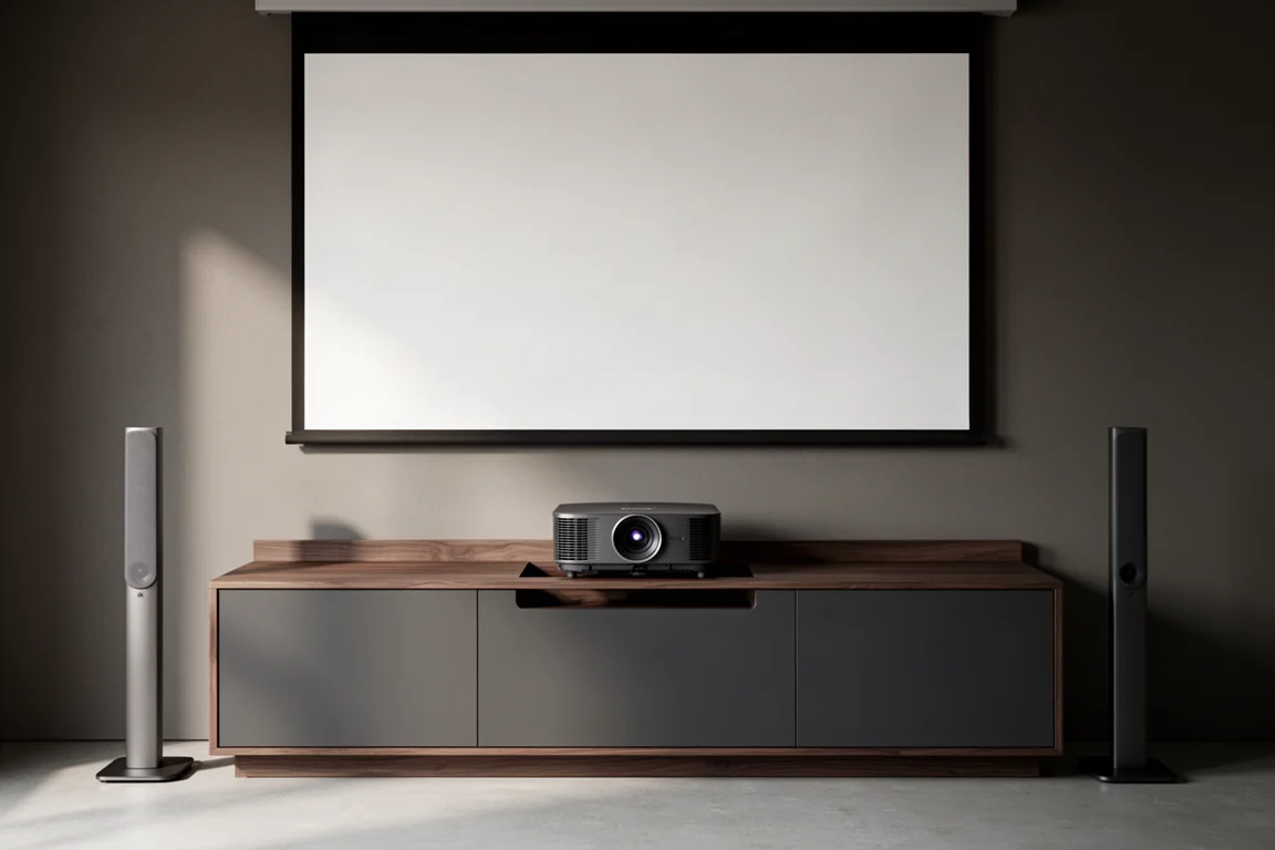 Media cabinet with a low-profile projector in a cutout and flanking speakers