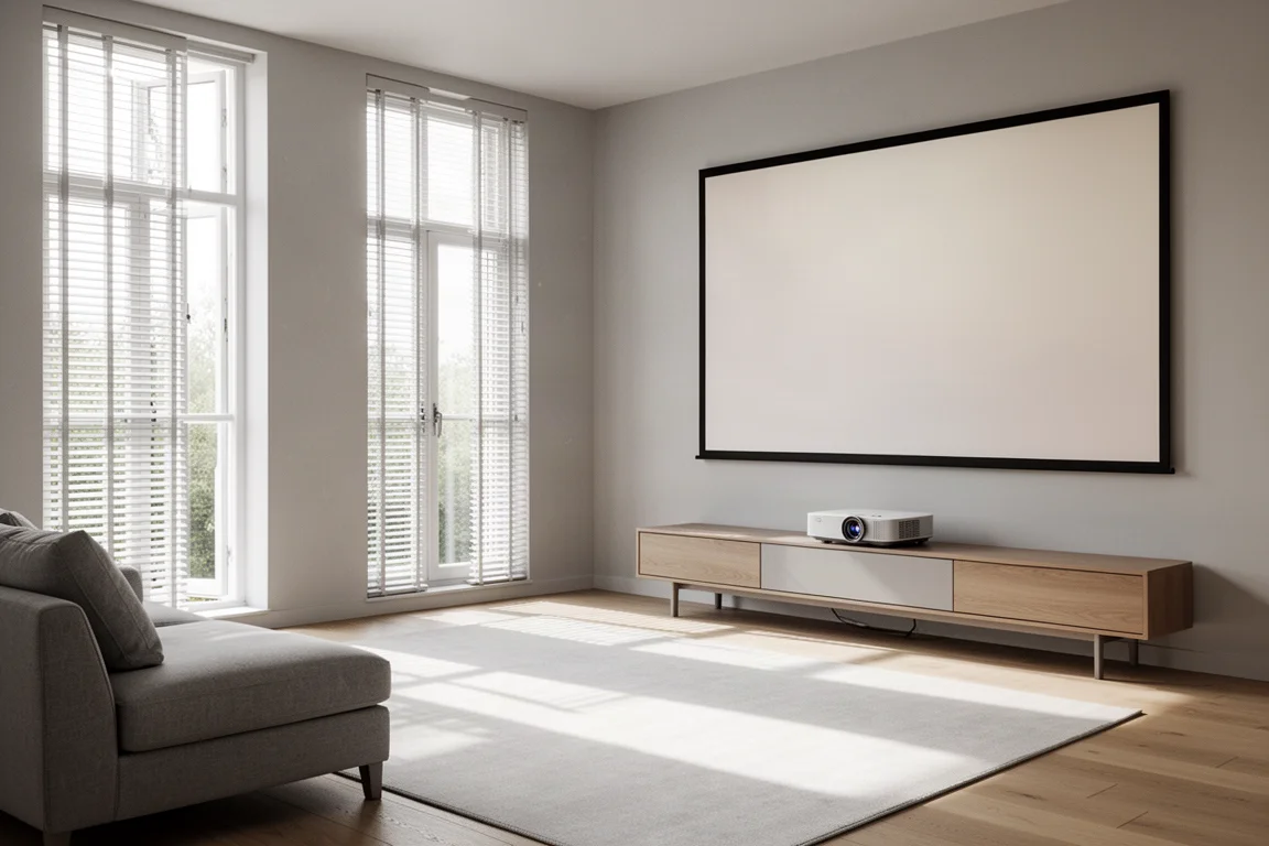 Bright daylight living room with a wide projection screen and a slim console