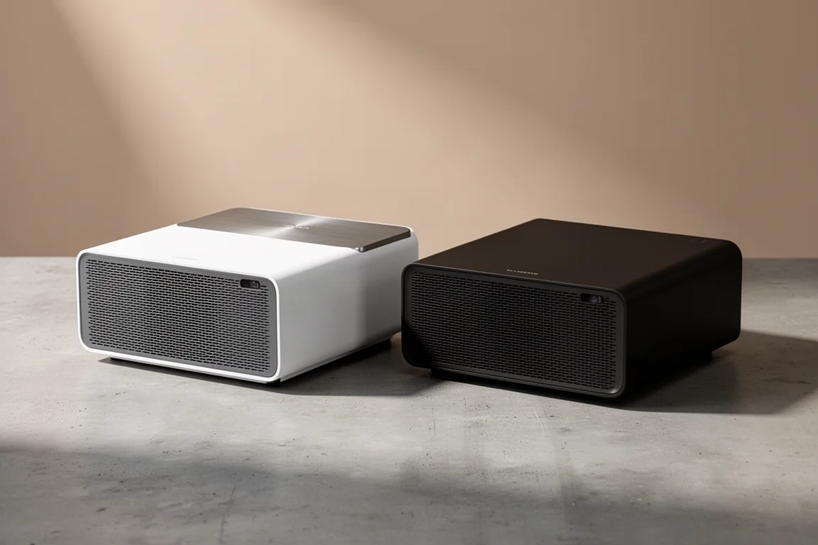 Two ultra short throw projectors side by side on a concrete surface