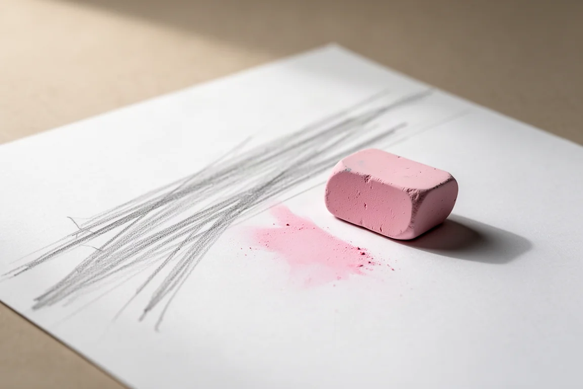De hand van een kunstenaar gomt een potloodlijn uit op papier en laat een zichtbare roze vlek na
