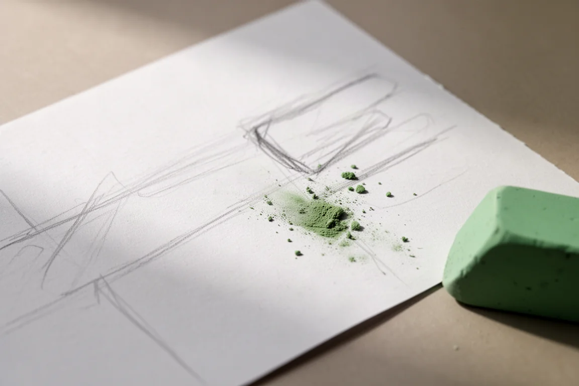 Groene gumvlekken op een vel tekenpapier naast een schets