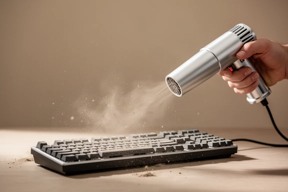 Luft bläst bei weichem Licht Staub von einer Desktop-Tastatur