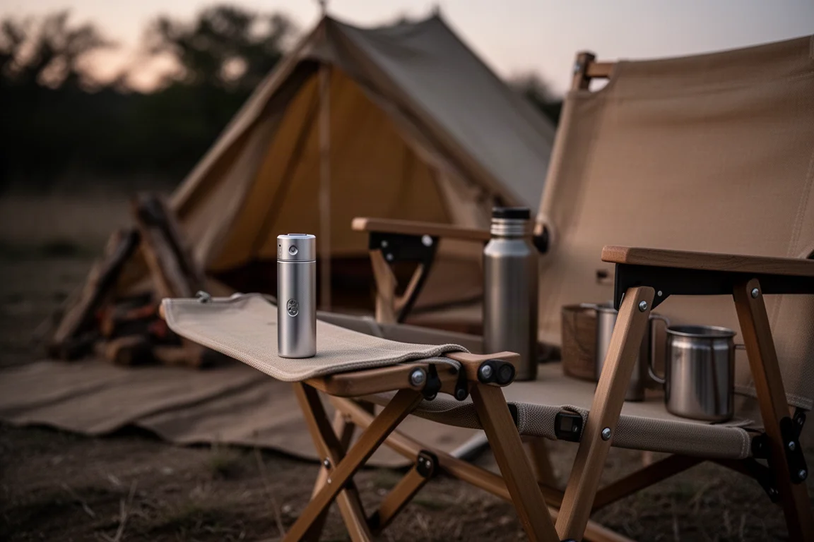 Kompaktes Aluminiumwerkzeug liegt in der Dämmerung auf einem Campingstuhl neben einem Zelt
