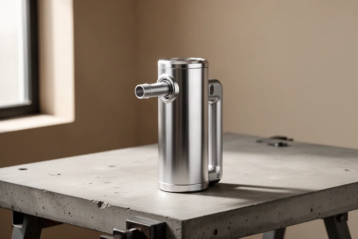 Brushed aluminum handheld vacuum and blower unit on a concrete workbench