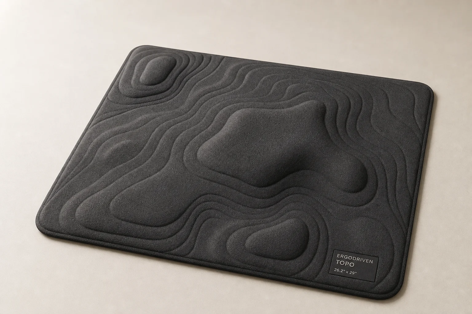 Five standing desk mats displayed on grey concrete surface