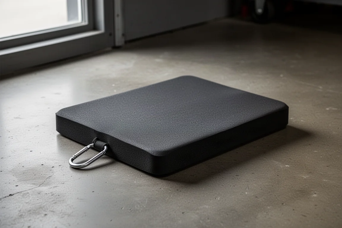 Small dark foam kneeling pad on a concrete workshop floor with a carabiner attached
