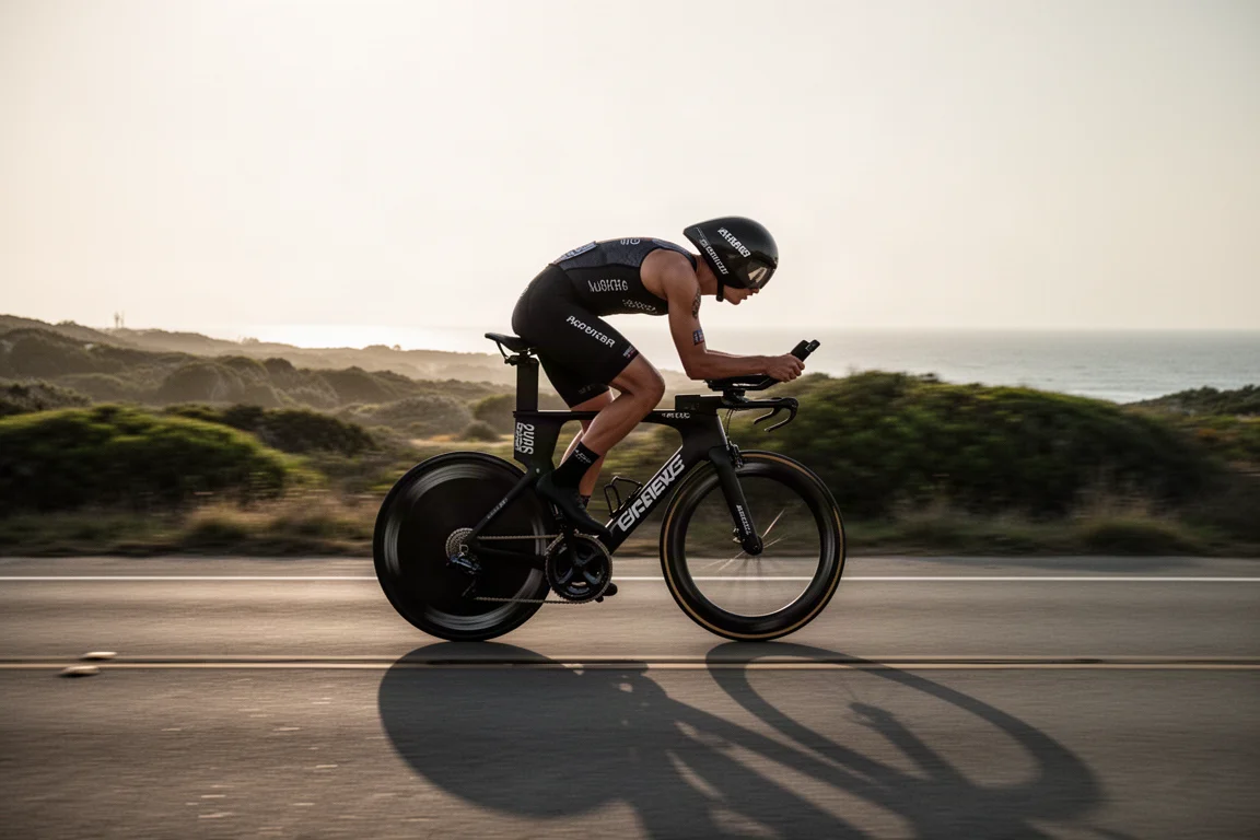 Triathlete riding a time trial bike in an aerodynamic position on an empty road at dawn