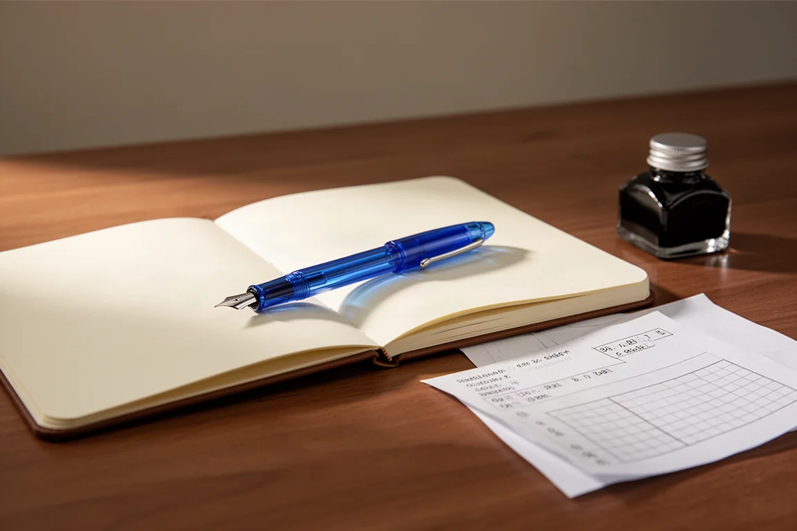 Fountain pen obok otwartego notesu na schludnym biurku do pisania