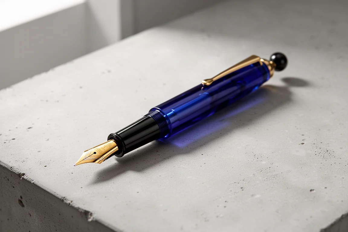 Erin Pens Beta fountain pen with cobalt blue resin barrel on a grey concrete surface