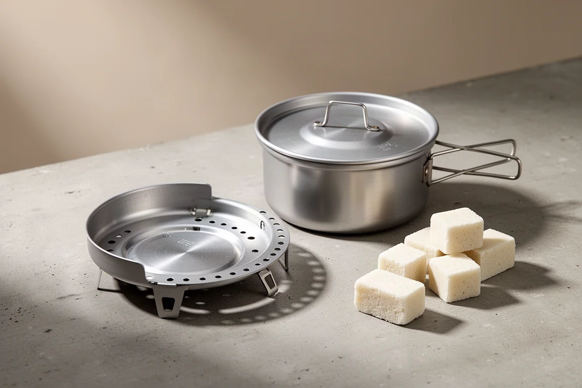 Zestaw kuchenny Esbit 1100ml z garnkiem, pokrywką, płytką palnika i siatkową torbą na betonie