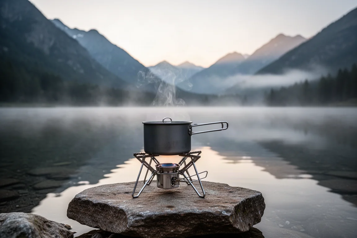 Compact folding metal stove burning under a small pot at a misty alpine campsite