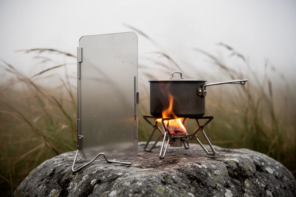 Close-up of a metal windscreen shielding a steady flame under a pot on a folding stove