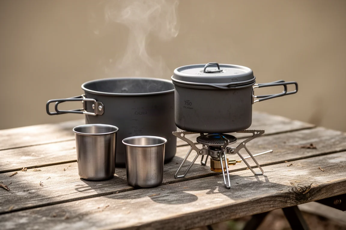 Camping pot and small titanium cup beside a folding stove with steam rising