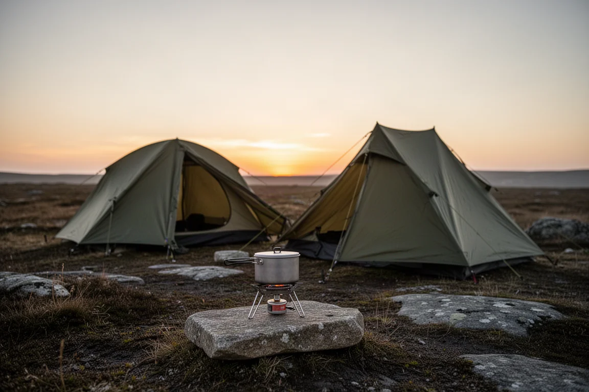 Lightweight campsite at dusk with tent, folding stove and pot on a flat stone