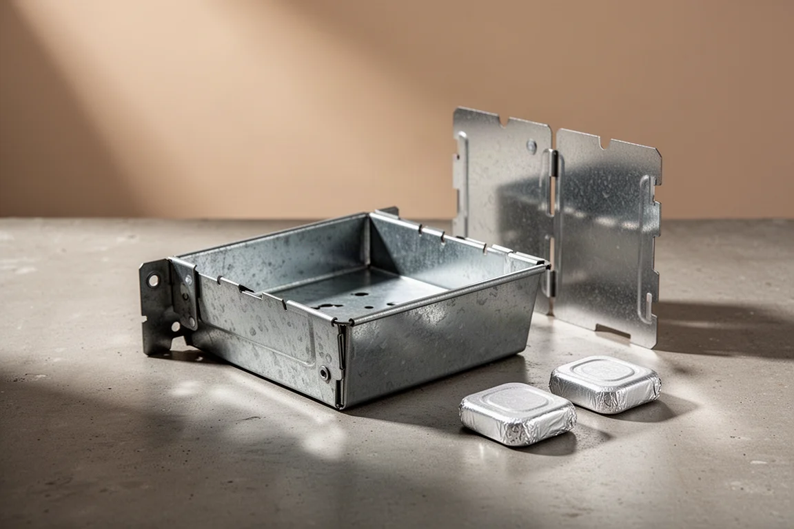 Folded galvanized steel solid fuel camping stove with windscreen and fuel tablets on concrete